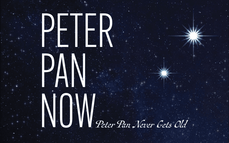 Starry Sky with two larger, brighter stars and the words: Peter Pan Now